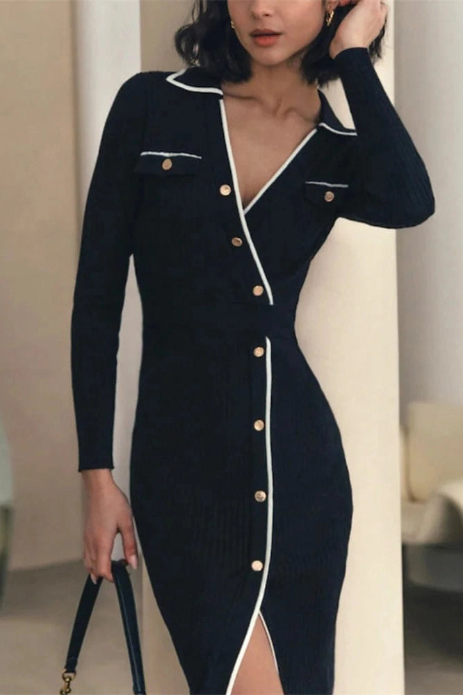 Glorol - Patchwork Knit Slim Lace-Up High Waist Split Midi Dress