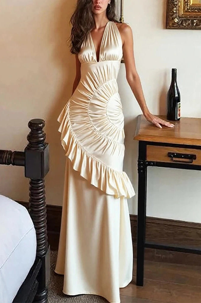 Glorol - Elegant Backless Off-Shoulder Fit High Waist Pleated Irregular Maxi Dress