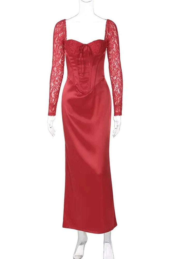 Glorol - Elegant Slim Lace Long Sleeve Lace Up Maxi Dress