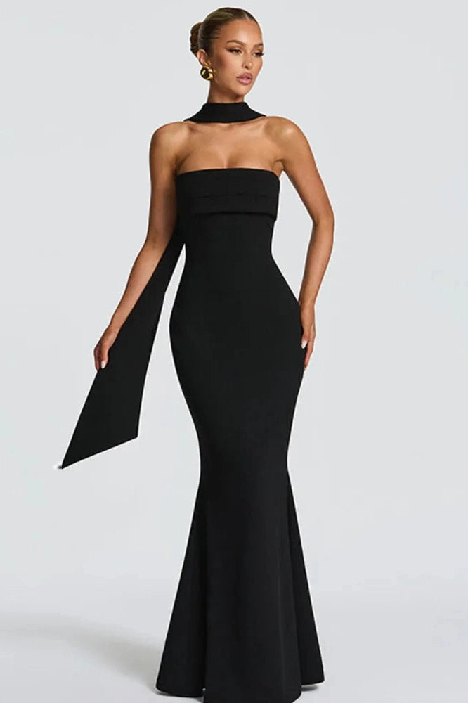 Glorol - Off-Shoulder Strapless Scarf Collar Sleeveless Backless Bodycon Maxi Dress