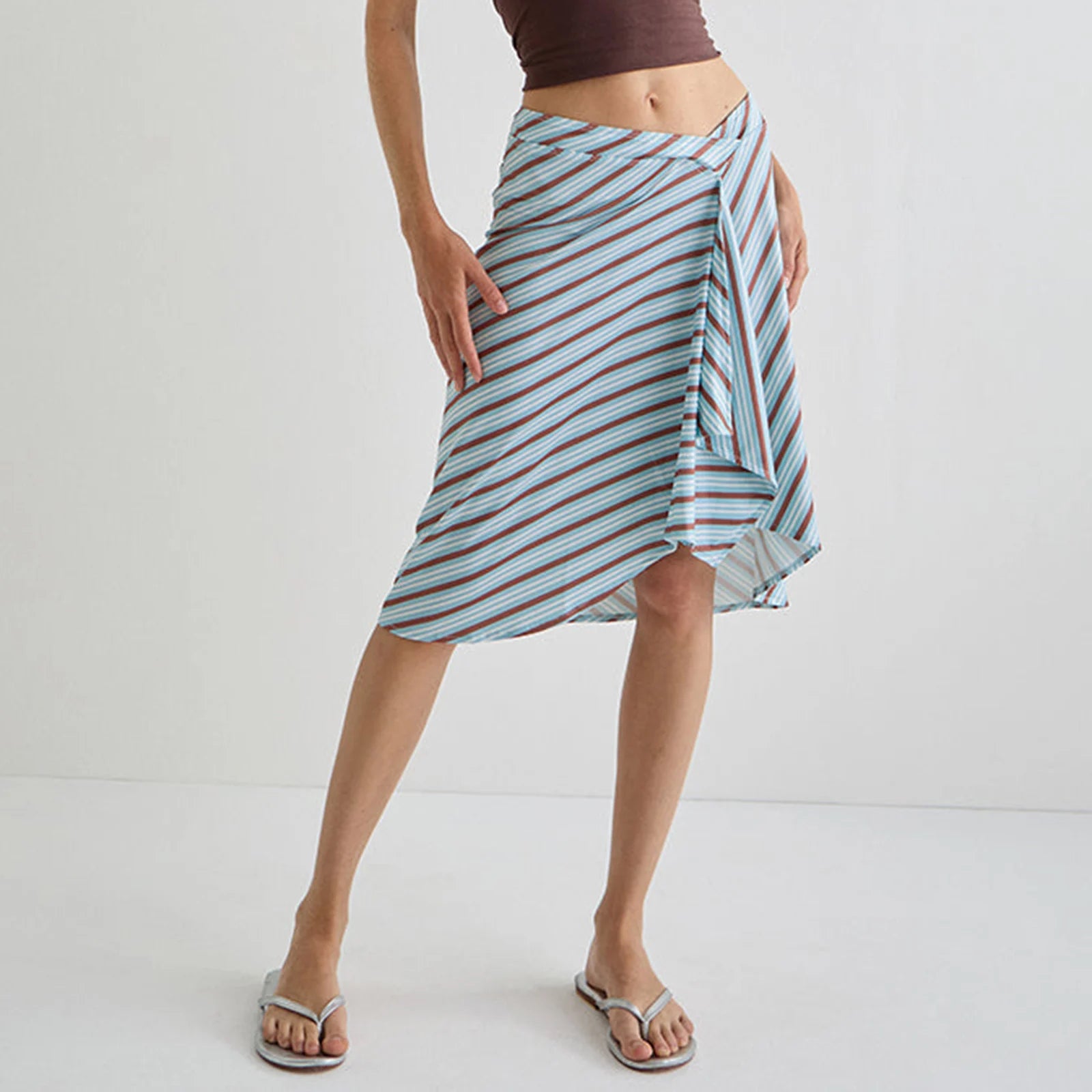 Glorol - Elegant Stripe Plaid Print A-Line Skirt