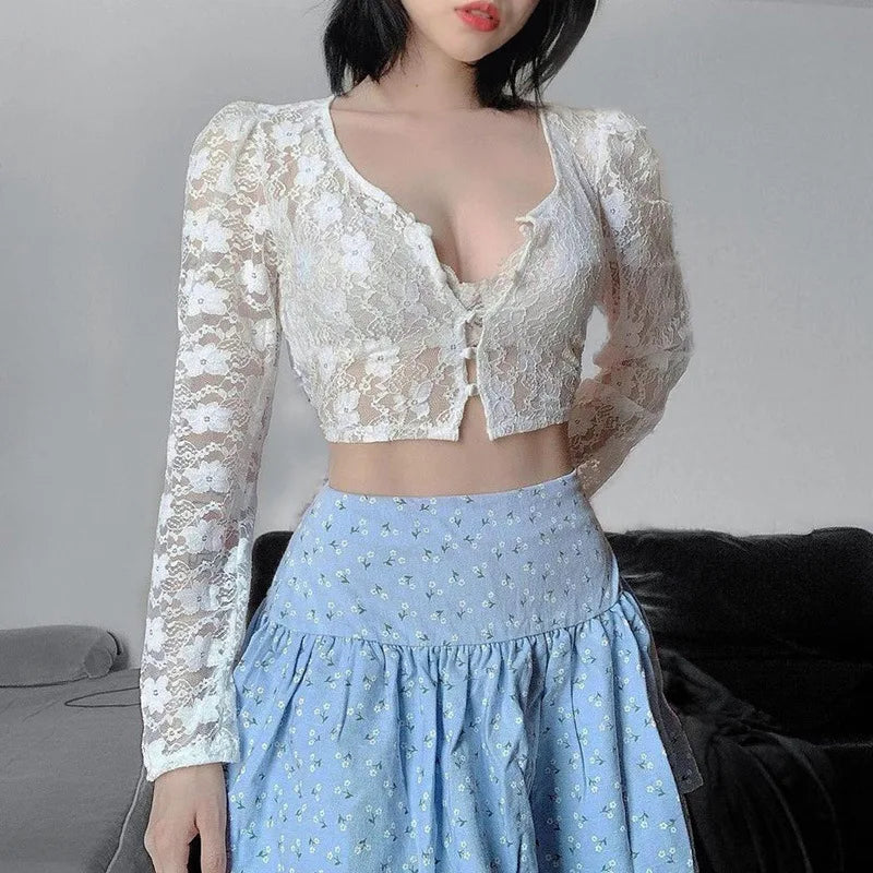 Glorol - Lace See Through Long Sleeve V Neck Slim Top