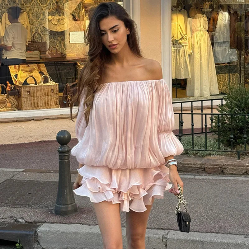 Glorol - One Shoulder Pleated Long Sleeve Mini Dress