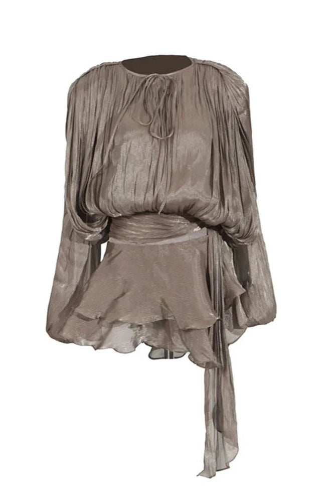 Glorol - Elegant Pleated Long Sleeve High Waist Mini Dress