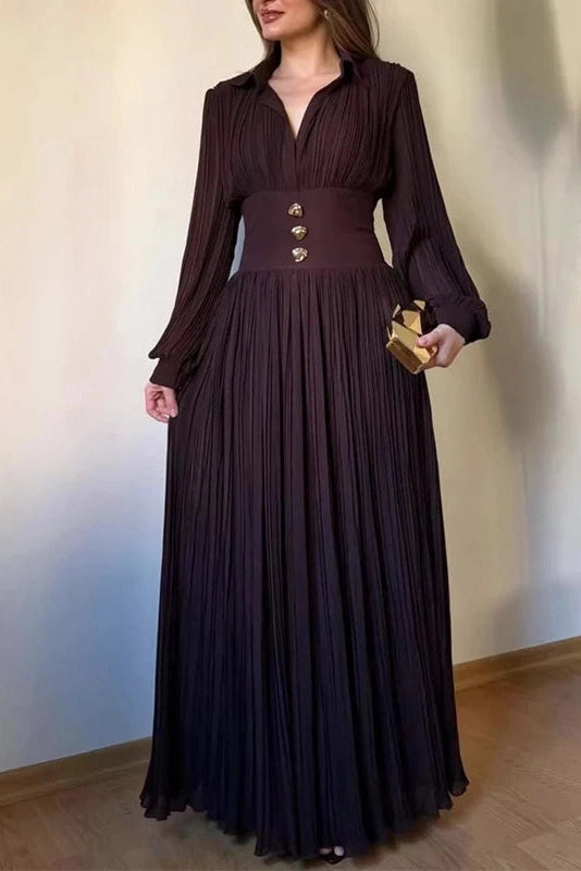 Glorol - Long Sleeve High Waist Pleated V-Neck Maxi Dress