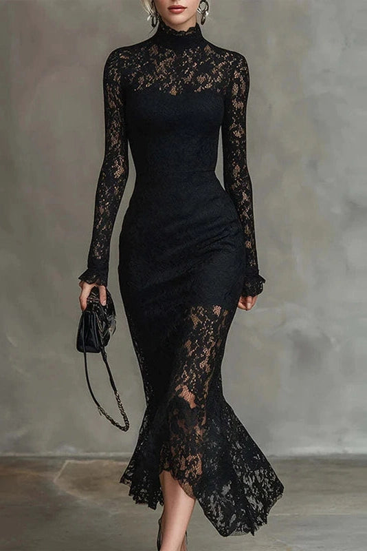 Glorol - Lace Embroidery Slim Turtleneck Irregular Maxi Dress