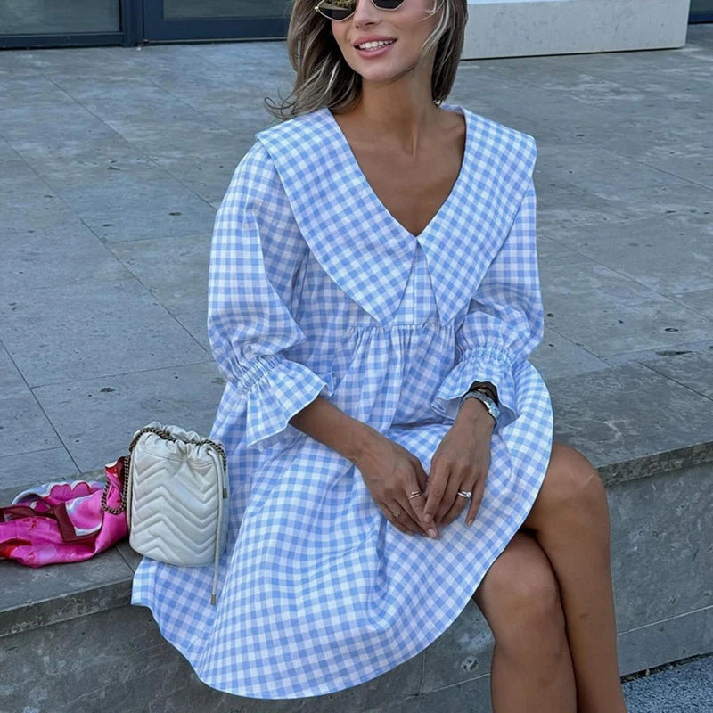 Glorol - Printed A-Line Loose Flare Sleeve Mini Dress