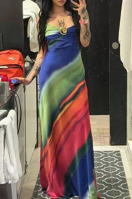 Glorol - Elegant Printed Sleeveless Slim V-Neck Backless Maxi Dress