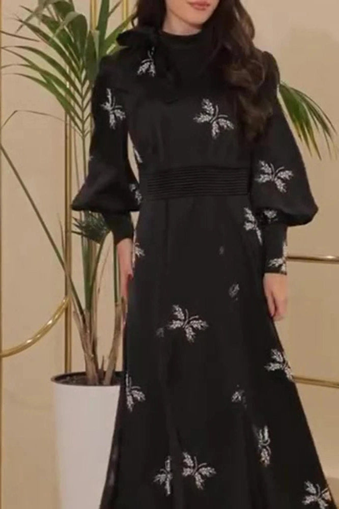 Glorol - Elegant Printed Pleated High Waist Long Sleeve Slim Maxi Dress