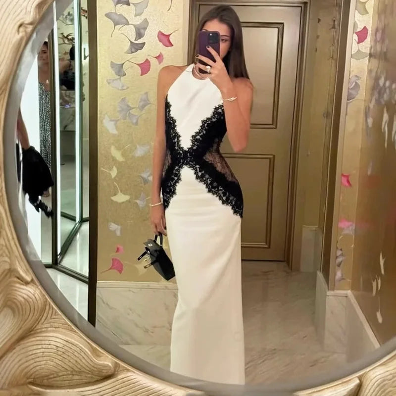 Glorol - Lace Patchwork See Through Backless Maxi Dress