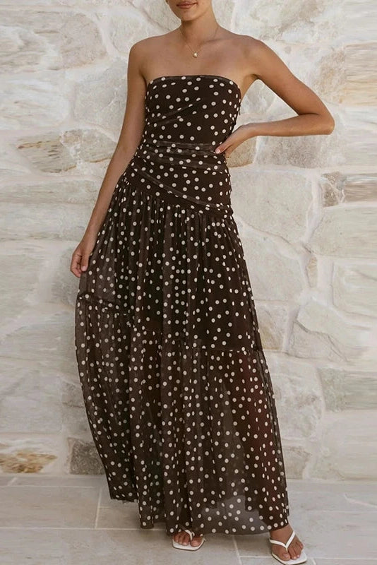 Glorol - Sleeveless Pleated Printed Off-Shoulder Maxi Dress