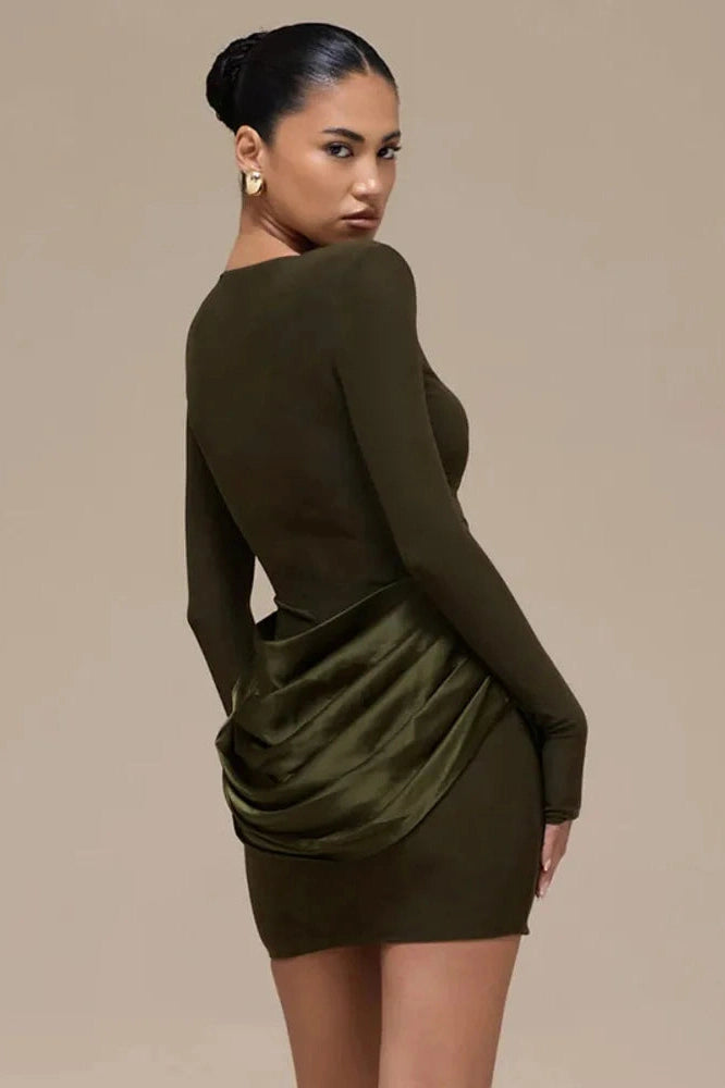 Glorol - Long Sleeve Patchwork O Neck High Waist Mini Dress