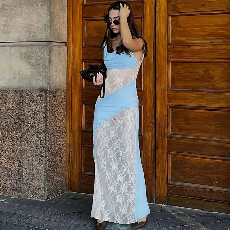 Glorol - Elegant Patchwork See Through Maxi Dress