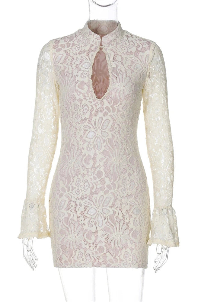 Glorol - Hollow Out Lace Printed V-Neck Slim Long Sleeve Mini Dress