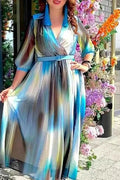 Glorol - Half Sleeve Loose V-Neck Printed Pleated Maxi Dress