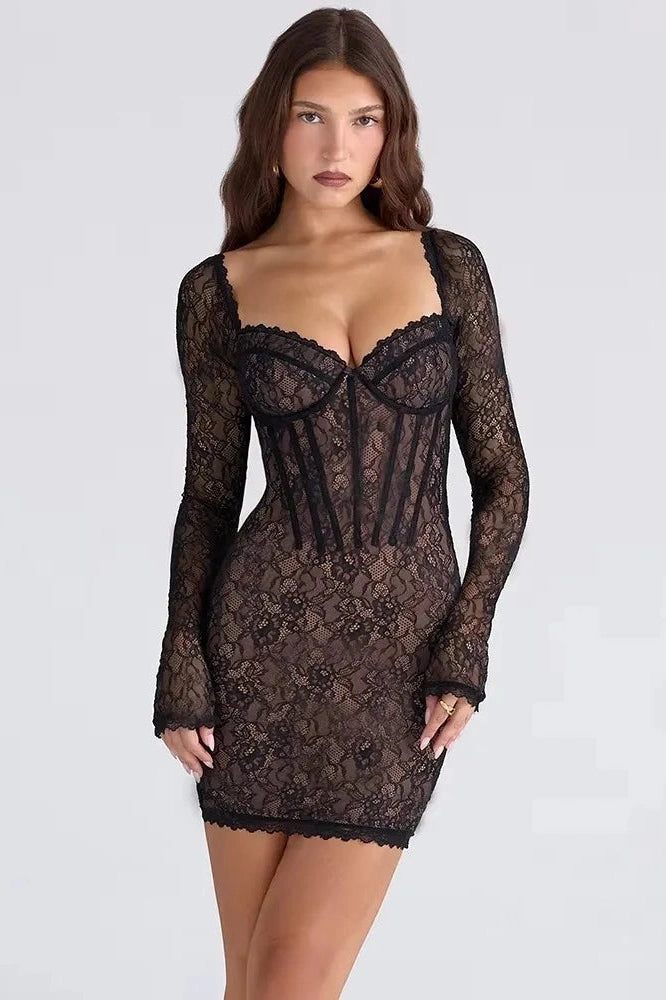 Glorol - Lace Long Sleeve Square Collar Strapless Split Bodycon Maxi Dress