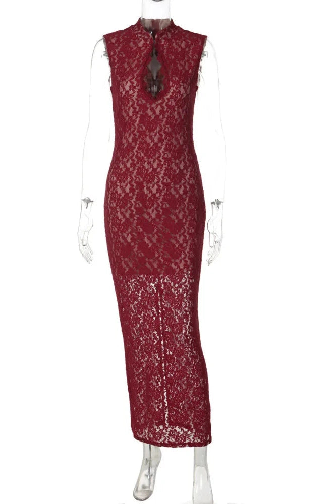 Glorol - Hollow Out Lace Sleeveless High Collar Split Bodycon Maxi Dress