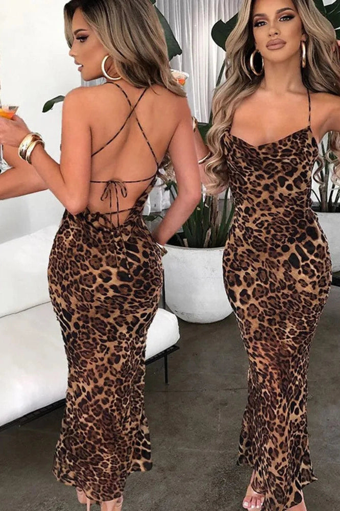 Glorol - Leopard Print Spaghetti Strap Sleeveless Maxi Dress