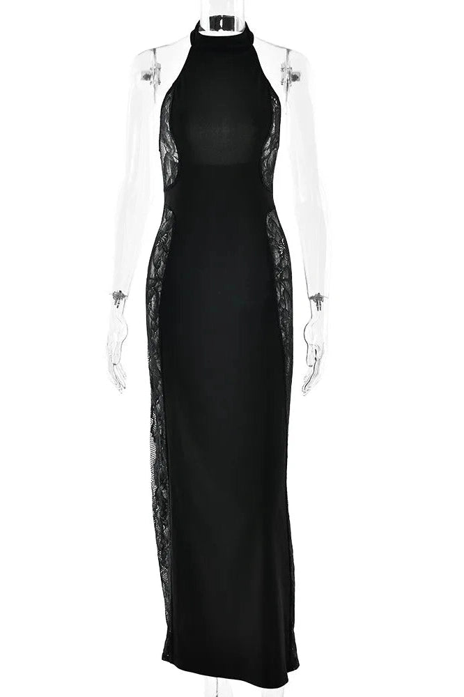 Glorol - Lace Printed Backless Patchwork Off-Shoulder Sleeveless Bodycon Maxi Dress