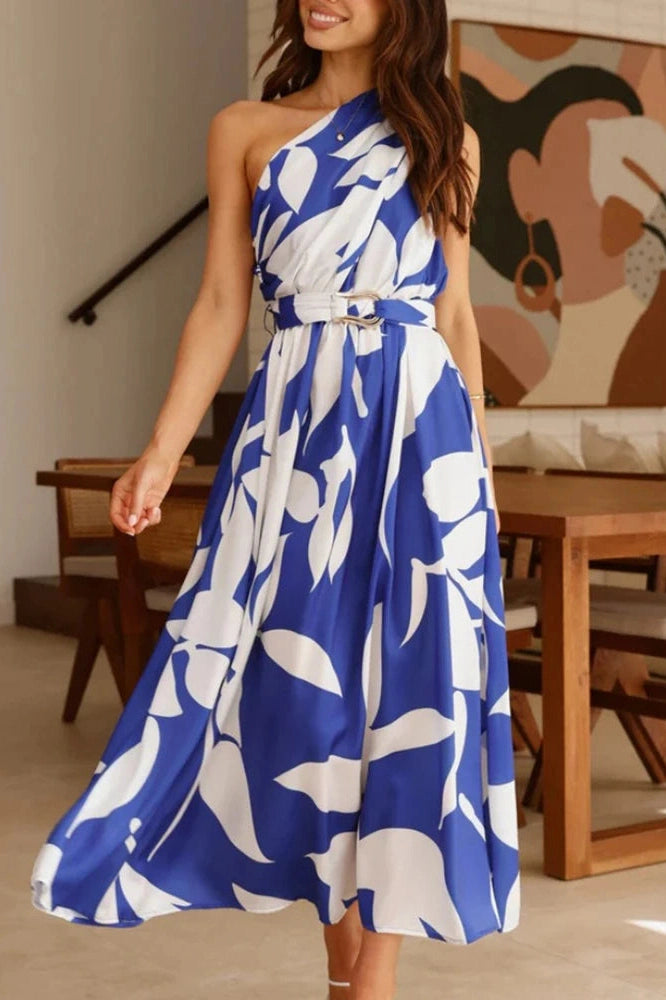 Glorol - One Shoulder High Waist Pleated Sleeveless Maxi Dress