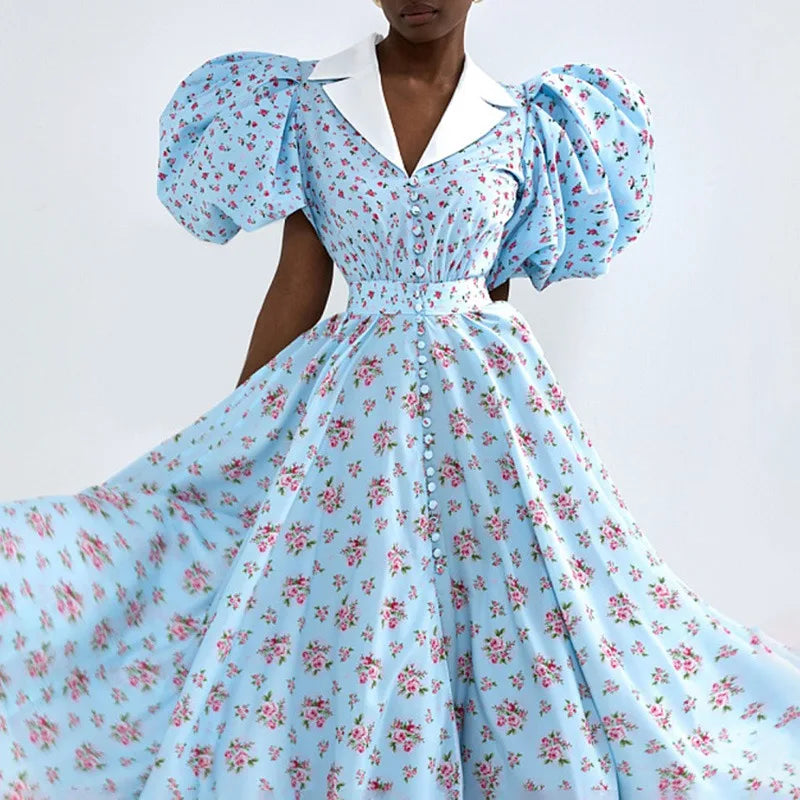 Glorol - Printed V Neck High Waist A-Line Mini Dress