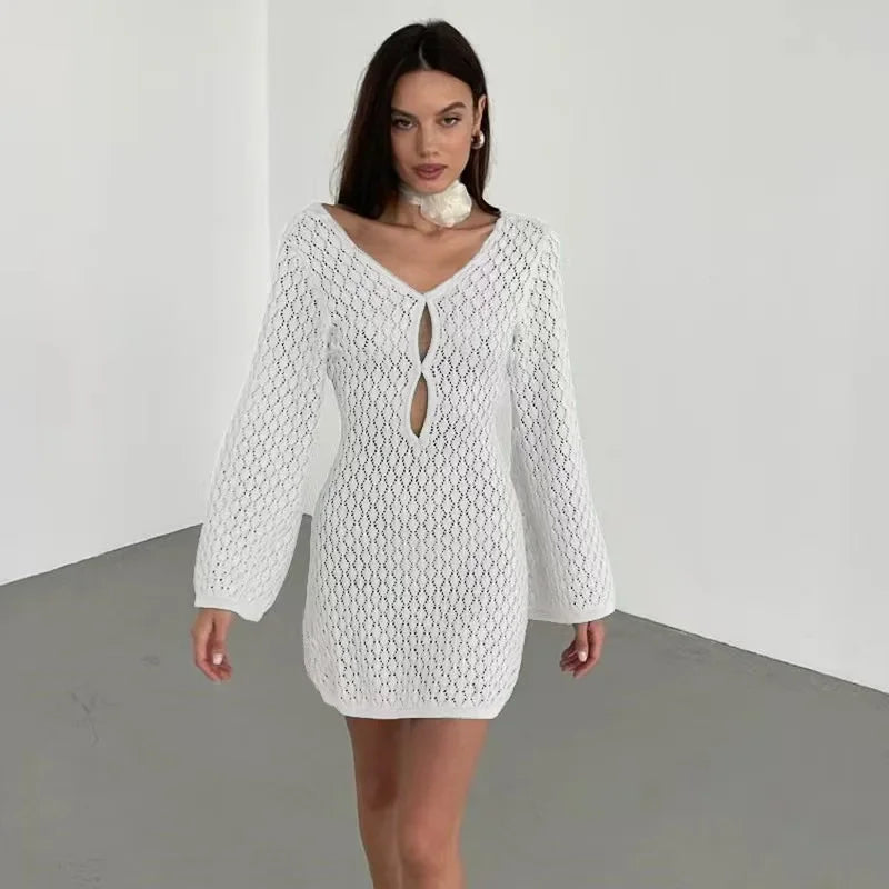 Glorol - Hollow Out Long Sleeve Backless Mini Dress