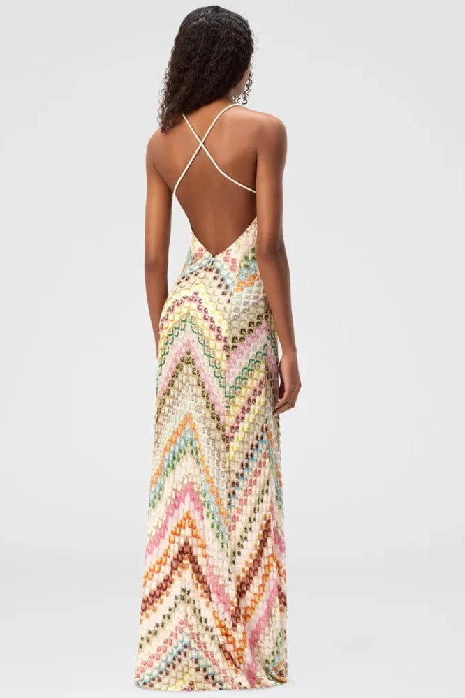 Glorol - Backless Knit Spaghetti Strap Sleeveless High Waist Maxi Dress