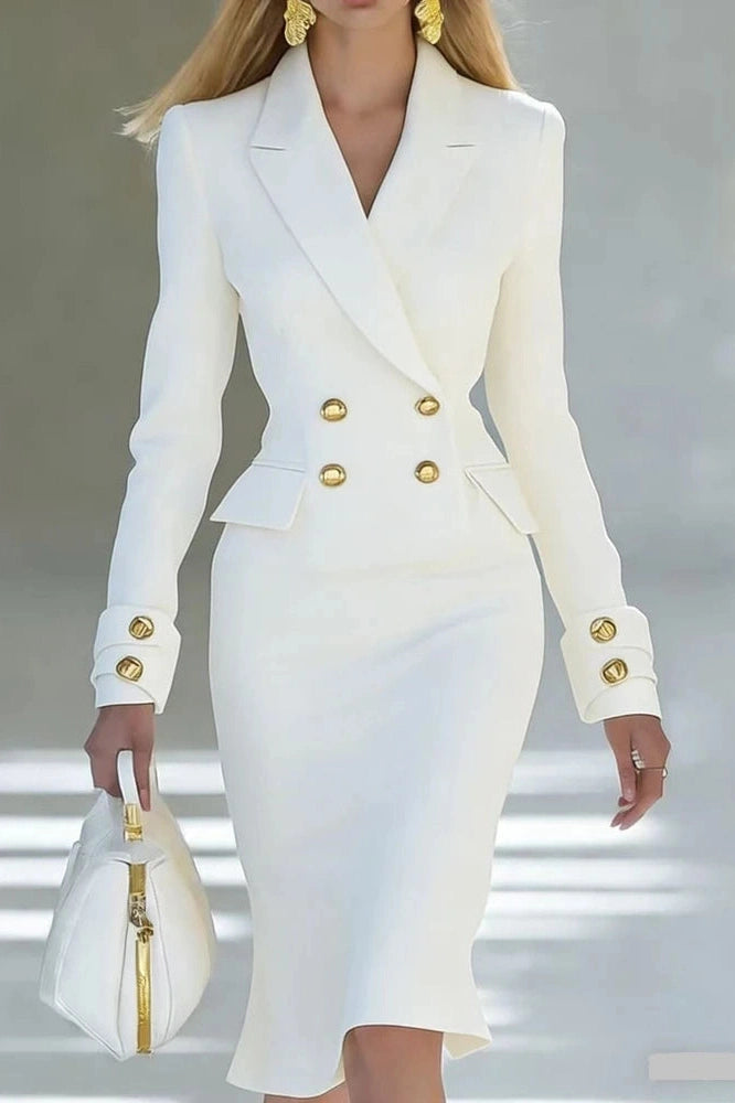 Glorol - Elegant Long Sleeve V-Neck High Waist Slim Midi Dress