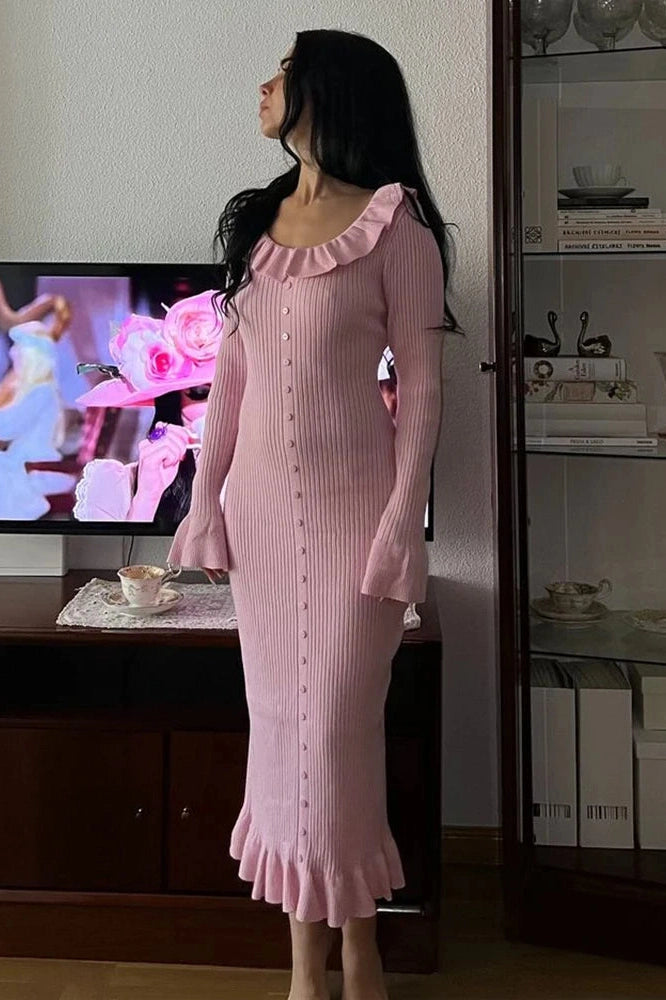Glorol - Elegant Slim High Waist Single Breasted Midi Dress