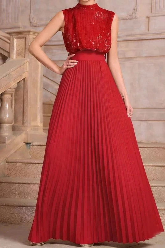 Glorol - Sleeveless Pleated High Waist O-Neck Maxi Dress