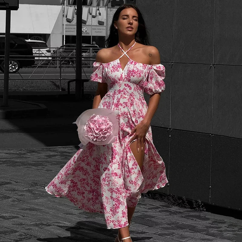 Glorol - Off Shoulder Short Sleeve Lace Printed Slit Maxi Dress