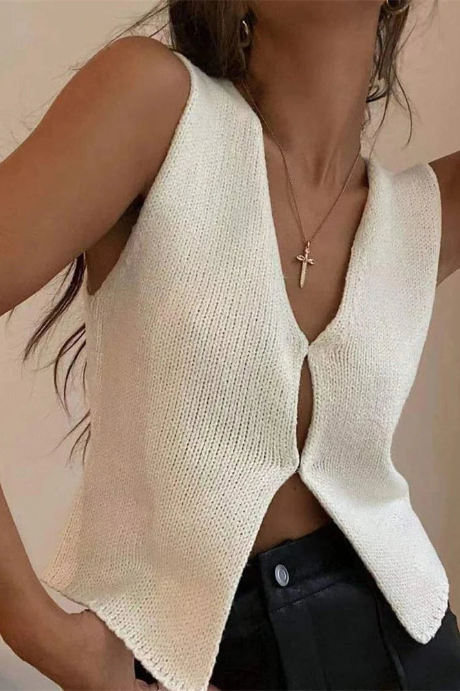 Glorol - Hollow Out Sleeveless V-Neck Slim Top