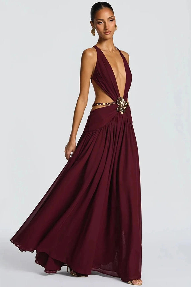 Glorol - Hollow Out Deep V Neck Sleeveless Backless High Split Maxi Dress