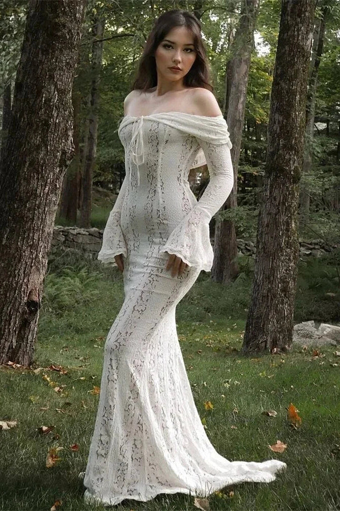 Glorol - Off-Shoulder See-Through Printed Lace-Up High Waist Maxi Dress