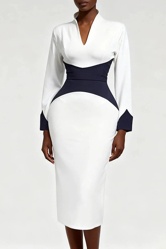 Glorol - Elegant Long Sleeve Bodycon Deep V-Neck Slim Midi Dress