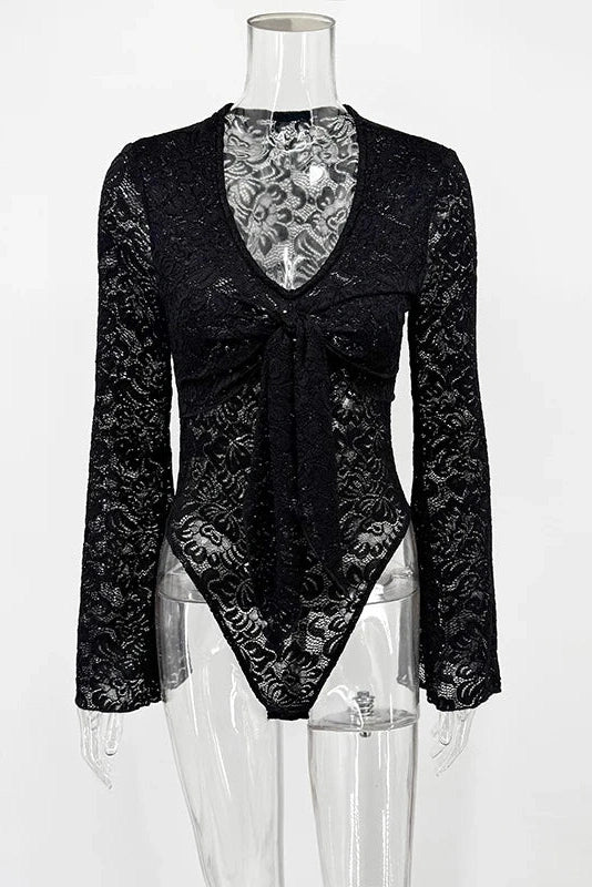 Glorol - Lace Sheer V-Neck Twist Splicing Jumpsuit
