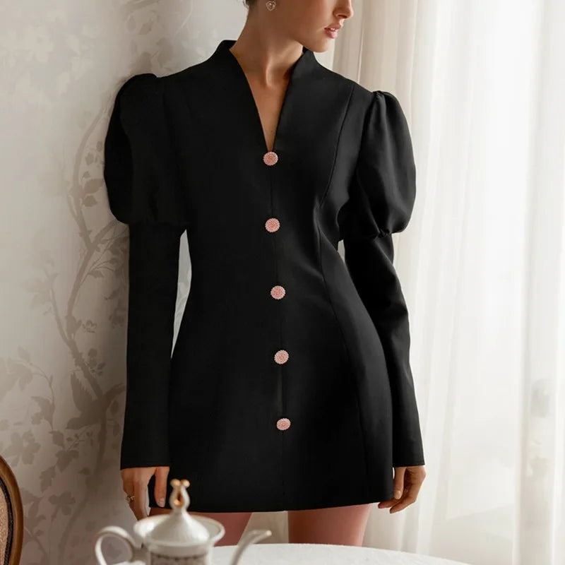 Glorol - Elegant V-Neck Puff Sleeve Mini Dress