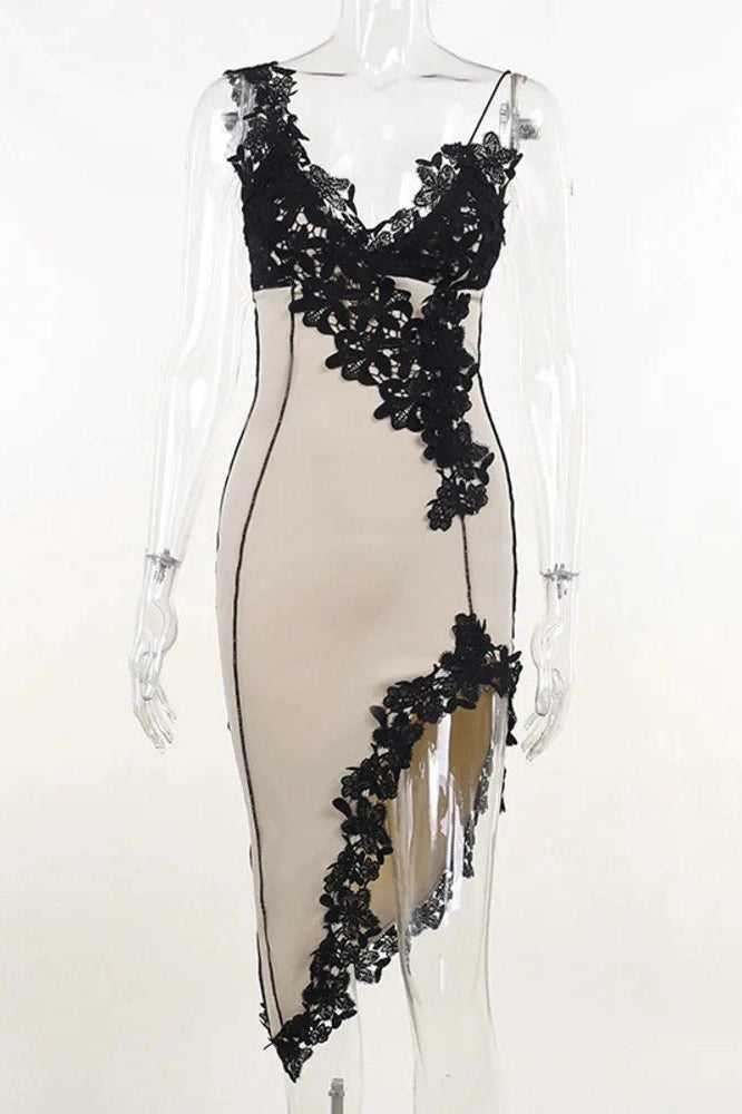 Glorol - High Split Spaghetti Strap Sleeveless Deep V Neck Midi Dress