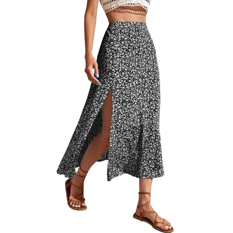 Glorol - Floral Cross-border Slit A-line Skirt