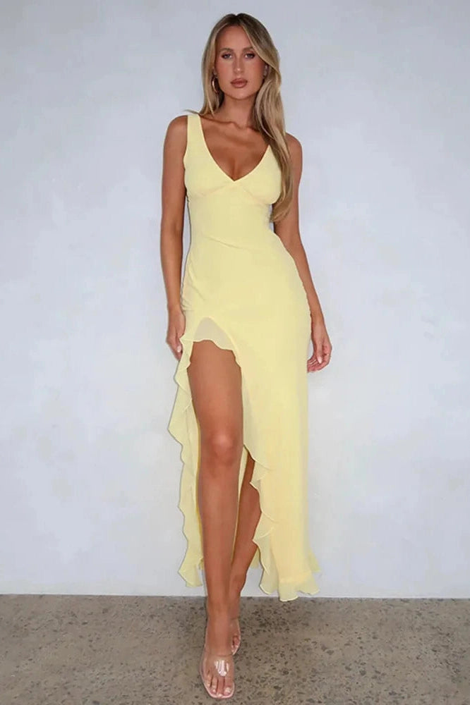 Glorol - Elegant Sleeveless Deep V Neck Backless High Split Maxi Dress