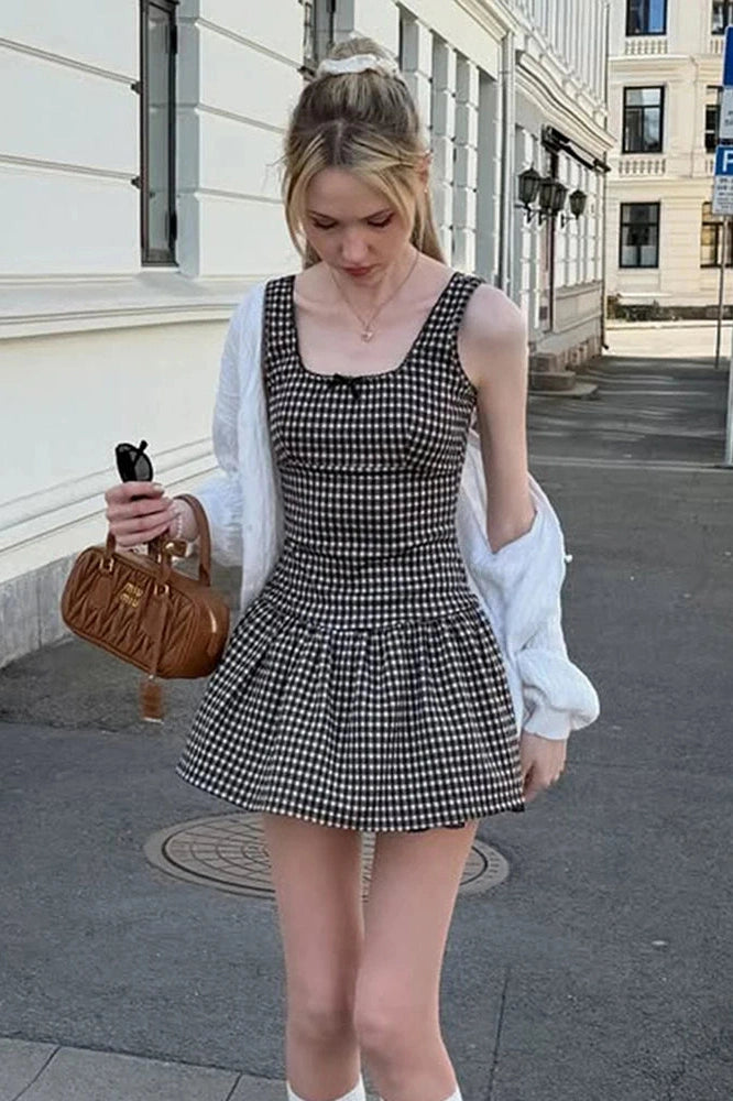 Glorol - Plaid Printed Square Collar A-Line Sleeveless High Waist Mini Dress