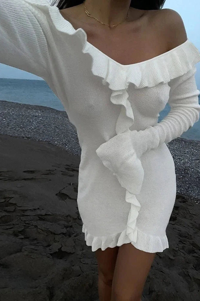 Glorol - Elegant Knitted Long Sleeve Slim V Neck Mini Dress