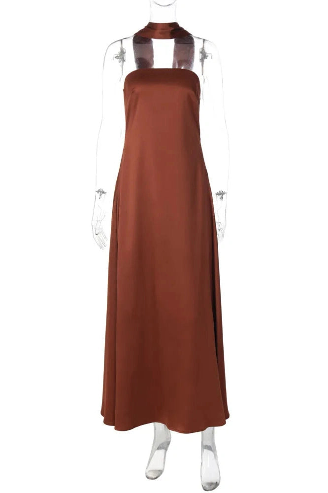Glorol - Off-Shoulder Strapless Scarf Collar Sleeveless Backless Bodycon Maxi Dress