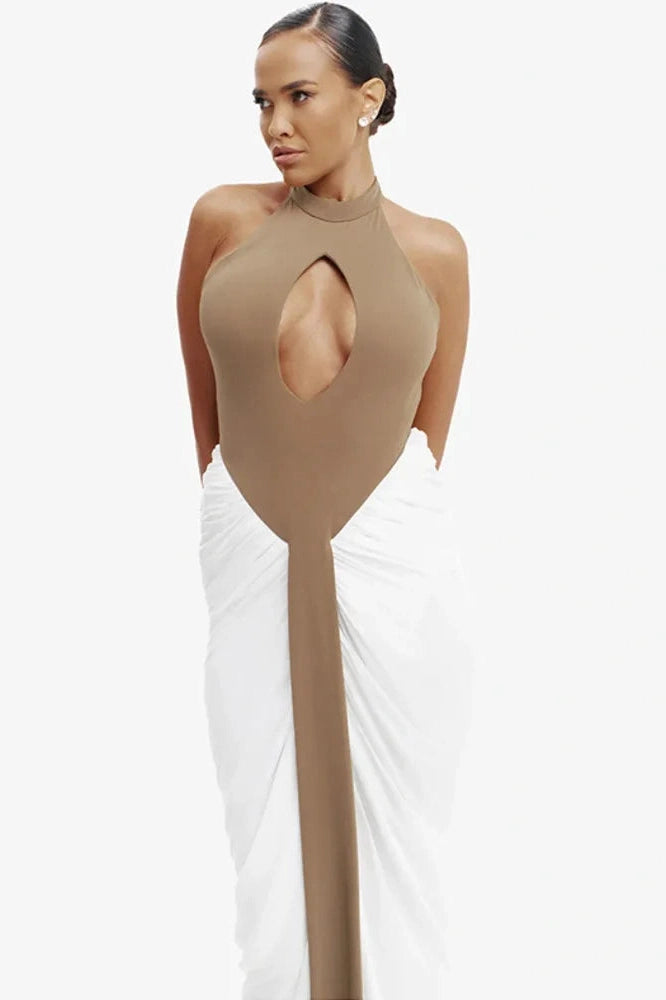 Glorol - Backless Patchwork Off-Shoulder Sleeveless Split Maxi Dress
