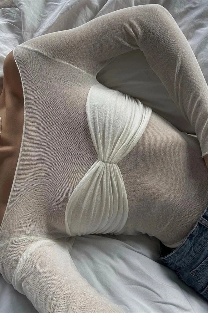 Glorol - Off-Shoulder Long Sleeve See-Through Lace Top
