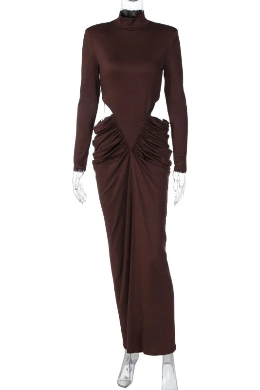 Glorol - Elegant Hollow Waist Pleated Long Sleeve Slim Maxi Dress