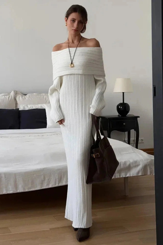 Glorol - Knitted Off-Shoulder Long-Sleeved Slim High Waist Backless Maxi Dress