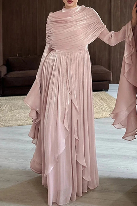 Glorol - Elegant O-Neck High Waist Pleated Irregular Maxi Dress
