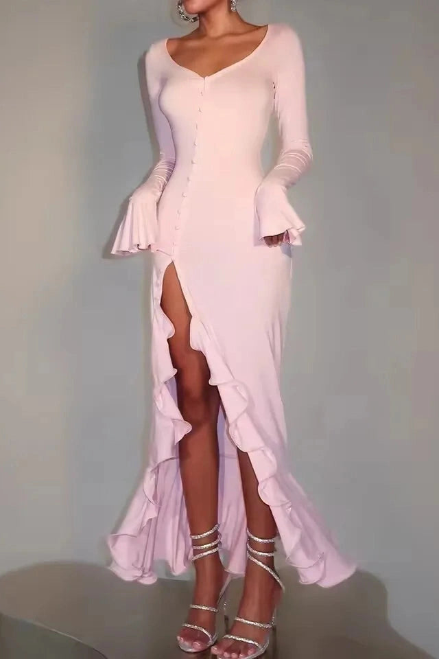 Glorol - Long Sleeve V Neck Single-Breasted High Waist Maxi Dress