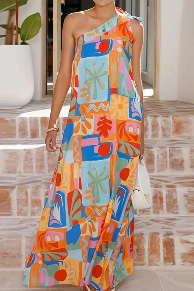 Glorol - Slash Collar One-Shoulder High Waist Pleated Loose A-Line Maxi Dress